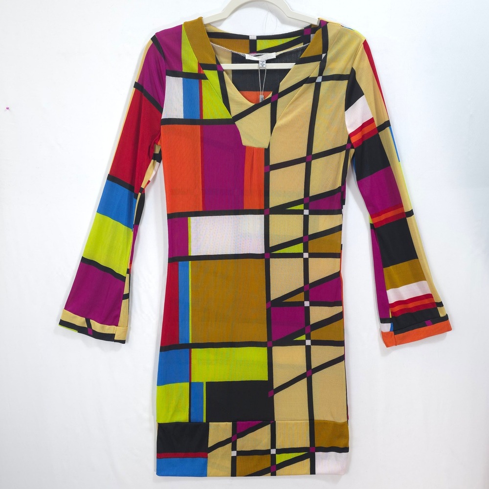 Lapogee Mini Dress Geometric Colorblock Multi Artistic Mod Sheer Women M Artsy